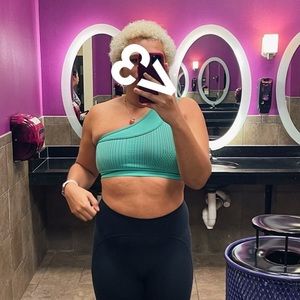 One shoulder green sports bra